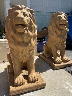 Pair Of Cement LION Statues- Good Condition 36”H