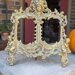 Beautiful Art Nouveau Antique Brass Cherub Double Photo Picture Frame 