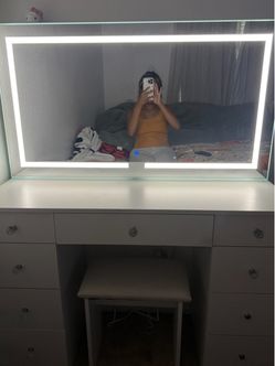 White Vanity with LED Mirror and Stool