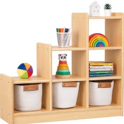 676  9 Cube Shelves Storage Cabinet, L Shaped Freestanding Ladder Corner Bookshelf 6 Cubes Stepped Etagere Bookcase, 4 Tier Wooden Storage Display She
