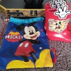 Mickey Mouse Red Rain Boots Size 3 w/ Drawstring Backpack 