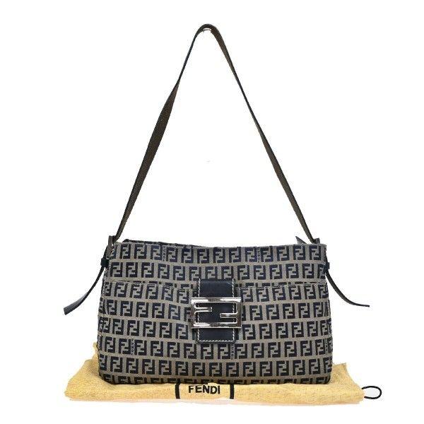 FENDI Logo Zucchino Pattern Shoulder Bag Canvas Leather Navy Blue Silver