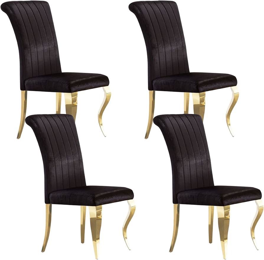 Dining Chairs Set of 4, Rolled and Channel Back Design Dining Room Chairs in Black Velvet and Gold Cabriole Stainless Steel Legs