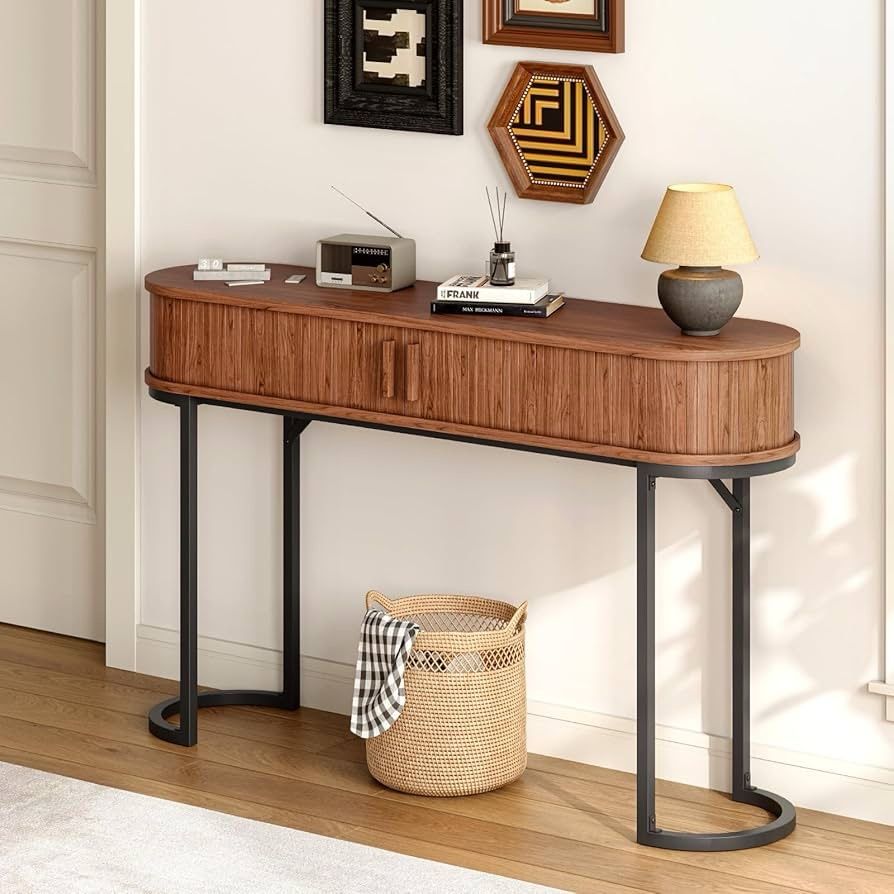 Console Modern Mid-Century 2 Drawers, Unique Geometric Design Sofa Table for Entryway, Hallway, Living Room, Walnut RUSTIC CHARM, MODERN DE
