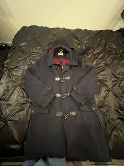 $375 OBO Burberry London Men’s Wool Duffle Coat Made in England Navy Red Lining Toggle Hood