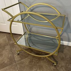 (NEW) Gold Rolling Bar Cart W/ Mirrored Shelves