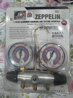 New JB 2-VALVE ALUMINUM CHARGING AND TESTING MANIFOLD Includes Set of KOBRA. Refrigerant Hoses for R32 -R410 A -R454B