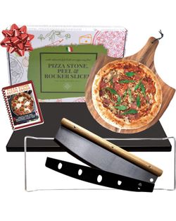 Advanced Pizza Stone for Oven and Grill - Ceramic Coated Non Stick with Wooden Pizza Peel Paddle & Pizza Cutter Set - Detachable Serving Handles - BBQ