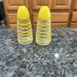 Vintage Clear Glass With Yellow Strips And Plastic Caps.  Preowned 