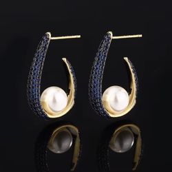 Temperament Gold Plated Inlaid Pearl Zircon Earrings