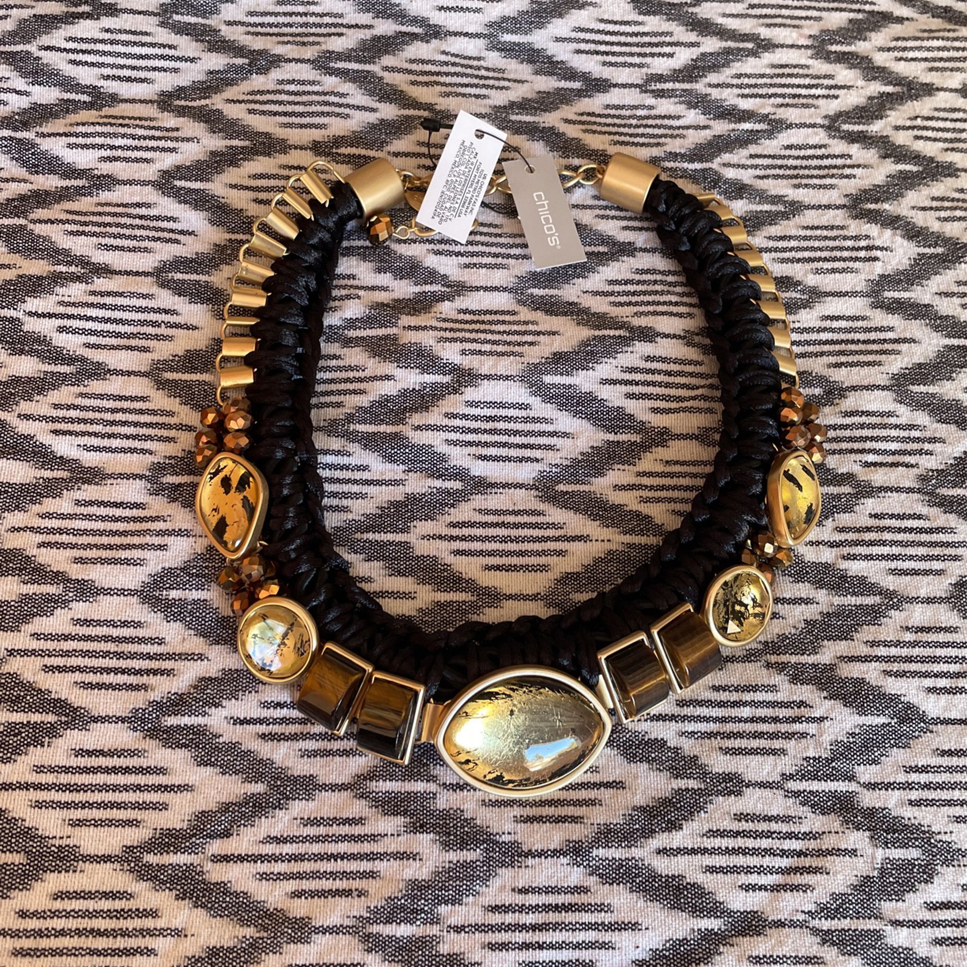 New Black, Gold, Amber Stone Collar Necklace 
