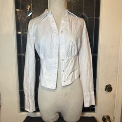 White Fitted Button-Up Blouse • Corset Waist • Long Sleeve • Y2K / Office Chic