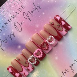 Long square Press on nails pink hearts red French tip valentines strawberries