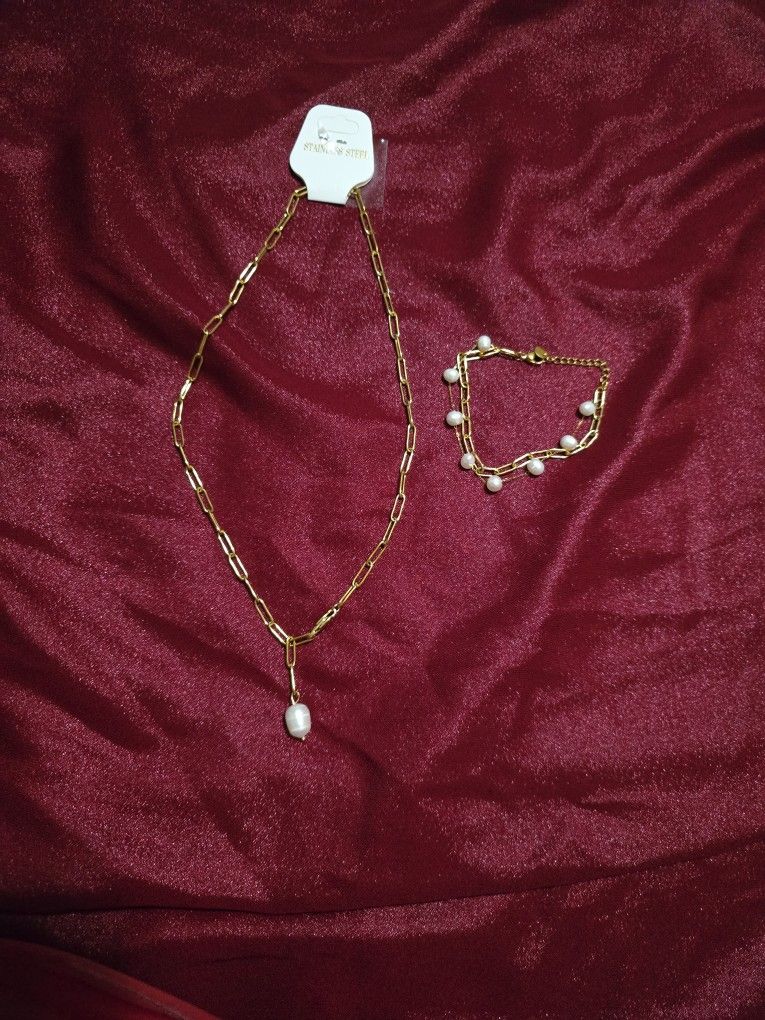 Pearl Double Layer Bracelet with necklace stainless steel
