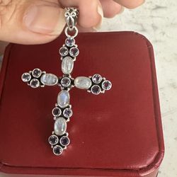 925 Sterling Silver,  Moonstone & Tanzanite Cross Pendant,  Marked 925 , Tested In Photos 