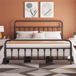 King Size Metal Platform Bed Frame with High Headboard and Footboard, Adult, Black