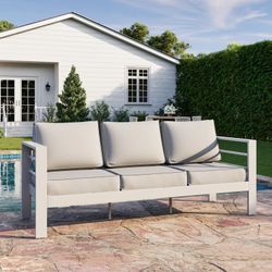 76" Outdoor Patio White Aluminum 3-Seater Sofa w/ Gray Cushions [NEW] **Retails for $520 <Assembly Req>