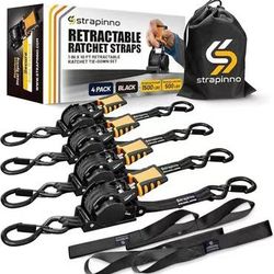 Strapinno Retractable Ratchet Straps (4-Pack), 1 in x 10 ft, 1,500LBS Break Strength, Most Durable Straps and Core, Auto Self Retracting Tie Downs for