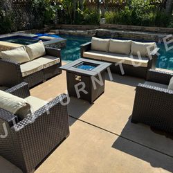 NEW🔥 Outdoor Patio Furniture Set Brown Wicker Beige Cushions 30" Firepit ASSEMBLED