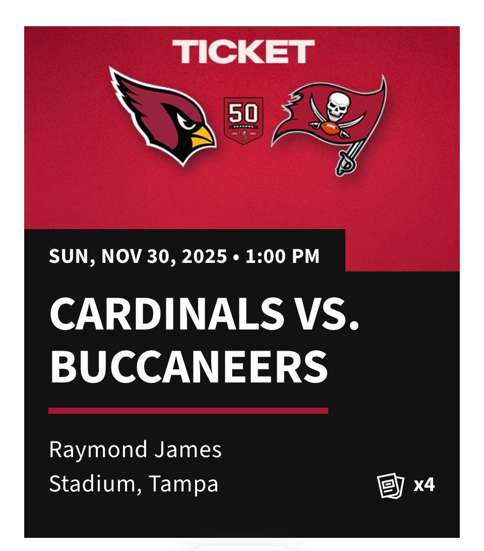 Arizona Cardinals Tampa Bay Buccaneers November 30th 2 Seats Available 