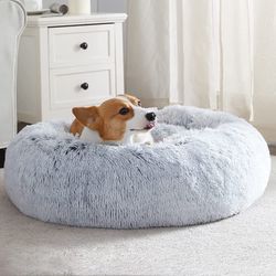 Anti-Anxiety Donut Small Dog Bed, Fluffy Faux Fur Cat Cushion Dog Bed for Small Dogs and Cats (20 x 20 Inch, Brown)