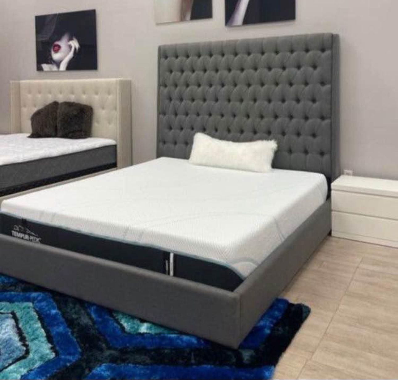 Grey Linen Tufted Queen Bed