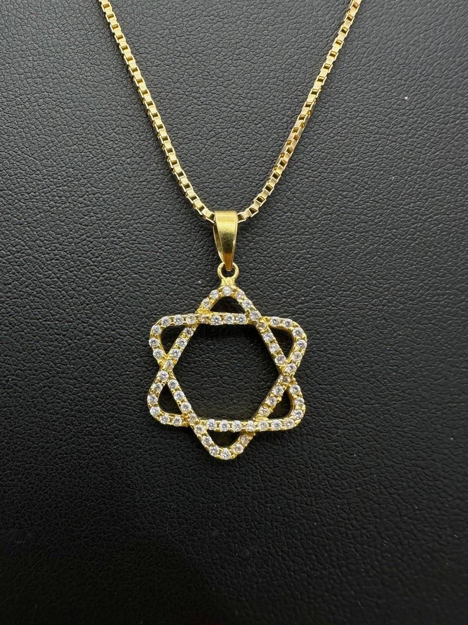 18k solid yellow gold box style chain with David pendant star 24" necklace 6.6 grams