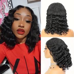 180% Density 4x1 Lace Closure Loose Wave Human Hair Bob Wig in 16”