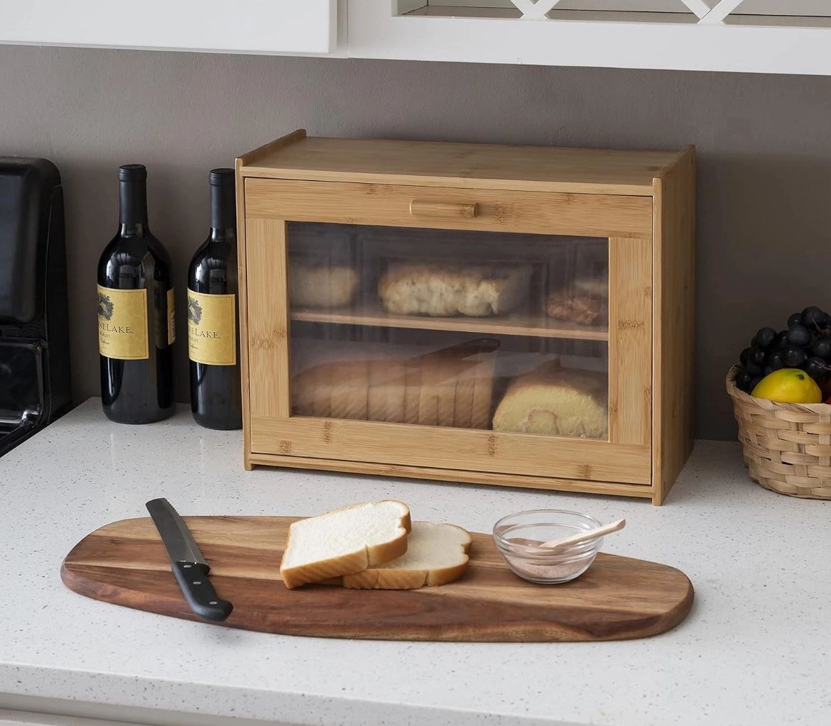 HOME BASICS 2 Tier Bamboo Bread Box Peek Acetate Window