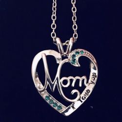 Mom Silver And Crystal Heart Pendant With Chain 