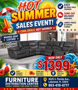 Limited time sale. Madrid gray leather reclining sectional only $1399. Easy finance option. Same day, Delivery.