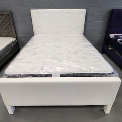 White Queen Bed Frame With Mattress Set Pillow Top 