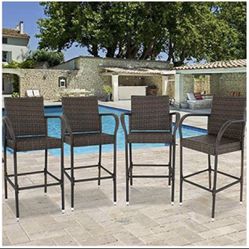 Set of 4 Wicker Barstool All Weather Dining Chairs Outdoor Patio Furniture Wicker Chairs Bar Stool with Armrest