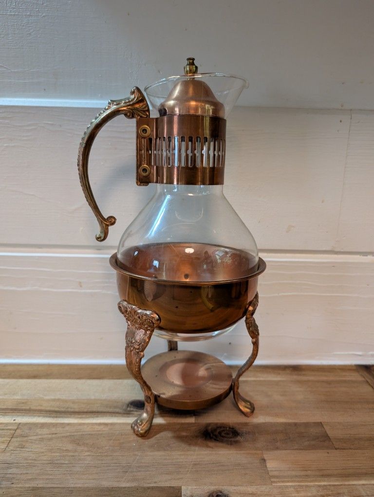 Vintage MCM Princess House Copper And Glass Coffee Carafe With Stand