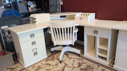Pottery Barn White L‑Shaped Corner Workstation + Chair + Trays + Charging Station
