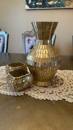 Gold Mosaic Glass Vase and Candle Holder Set