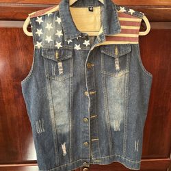 Patriotic Denim Vest Distressed Blue Unisex Adult 20” Armpit-Armpit