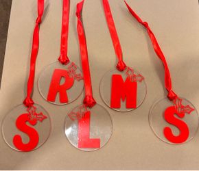 Homemade red initial Christmas ornaments