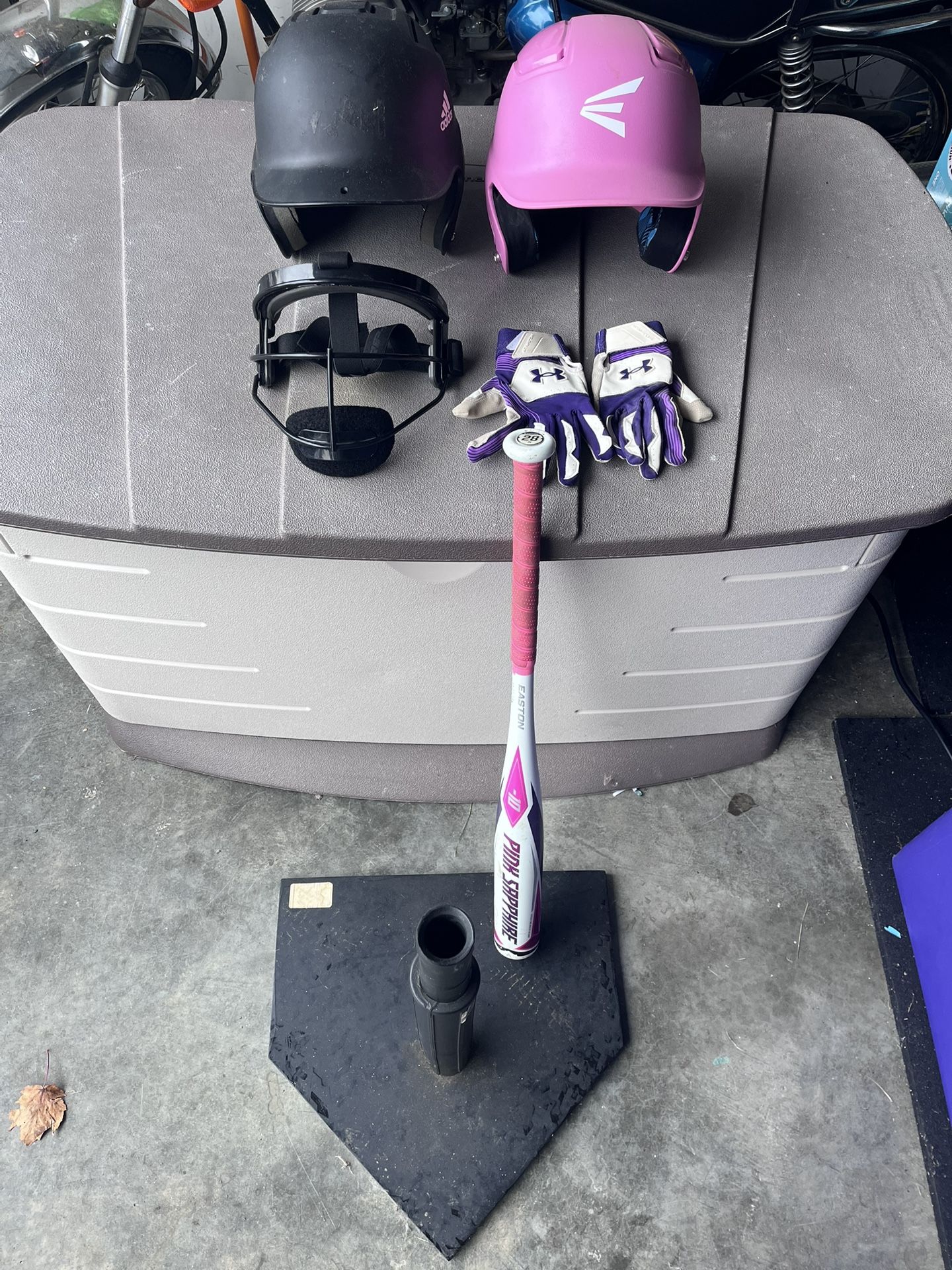 Softball Bat, Batting Gloves, field Mask, 2 Batting Helmets