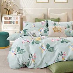 New Floral Cotton Queen Duvet Cover Set 3Pcs Comforter Cover 2 Pillowcases Light Blue Green Flower Bedding Set