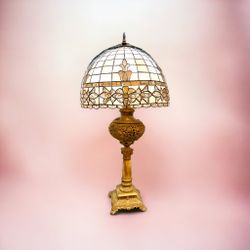 Vintage B&H brass and marble lamp with pale pink glass lamp shade.