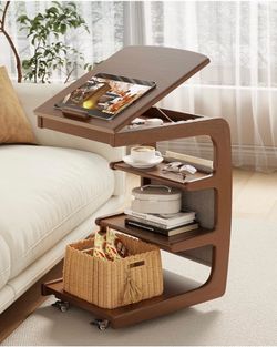 AQIMUELE Rolling Side Table, C Shaped End Table, C Table with 4 Wheels Solid Wood Small Rolling Desk with Adjustable Desktop,C Shaped End Table for Co