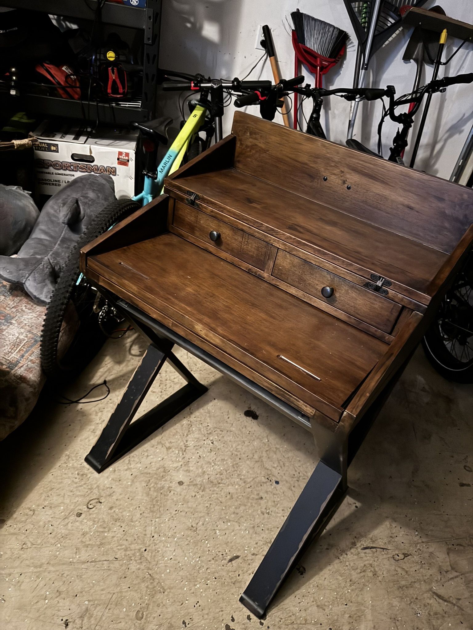 Antique Cognac and Black Wood Secretary Desk
