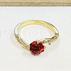 Pandora 14k Gold Plated, Beauty and The Beast Enchanted Rose Ring #163984C01 + PANDORA GIFT BOX & Polishing Cloth + Tag