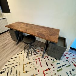 Walnut/Steel Sit/Stand Smart Desk, 2 Cabinets & Leather Seat   Like-New Condition