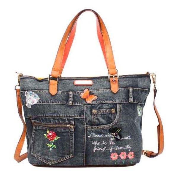 Nicole Lee Riley Denim Embroidery Bag --Brand New