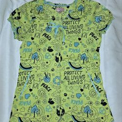 Koi Bridgette Scrub Top In Lime Green & Blue Peace Size Small