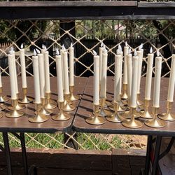 30 Flameless Taper Candles with Remote, Timer, Dimmer + 30 Golden Candle Holders + new batteries  