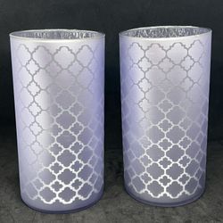 Set Of 2 QUATREFOIL 7.5” HURRICANE Pillar candle Valerie Parr Hill Lilac Purple