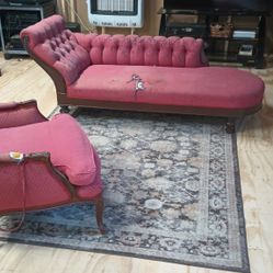 Antique Lounger And Chair, Beautiful But Needs Reupholstering.